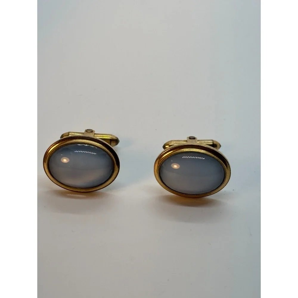 Vintage Blue Glass Cuff Links Gold Tone Pale Blue Signed Correct Quality Wedding